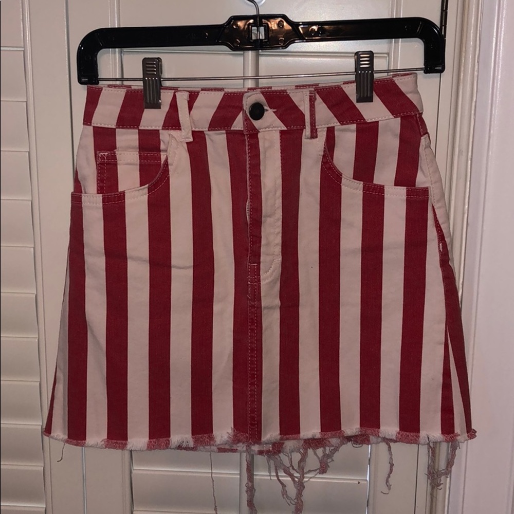 RED & WHITE STRIPED DENIM MINI SKIRT